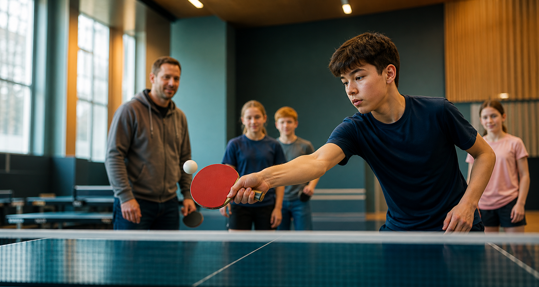 Bordtennisspelare på träning i en idrottshall